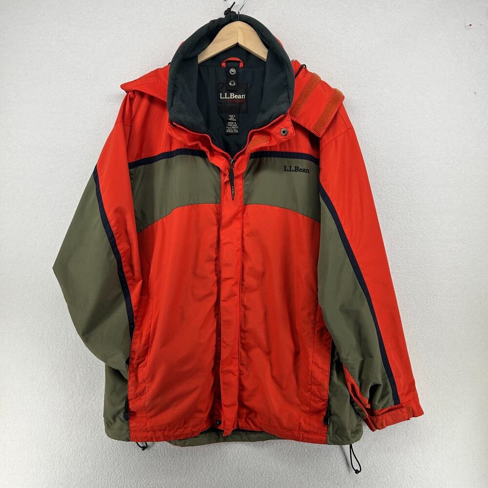 LL BEAN Jacket Mens M Hoodie Windbreaker Full Zip Nylon Orange Green VTG